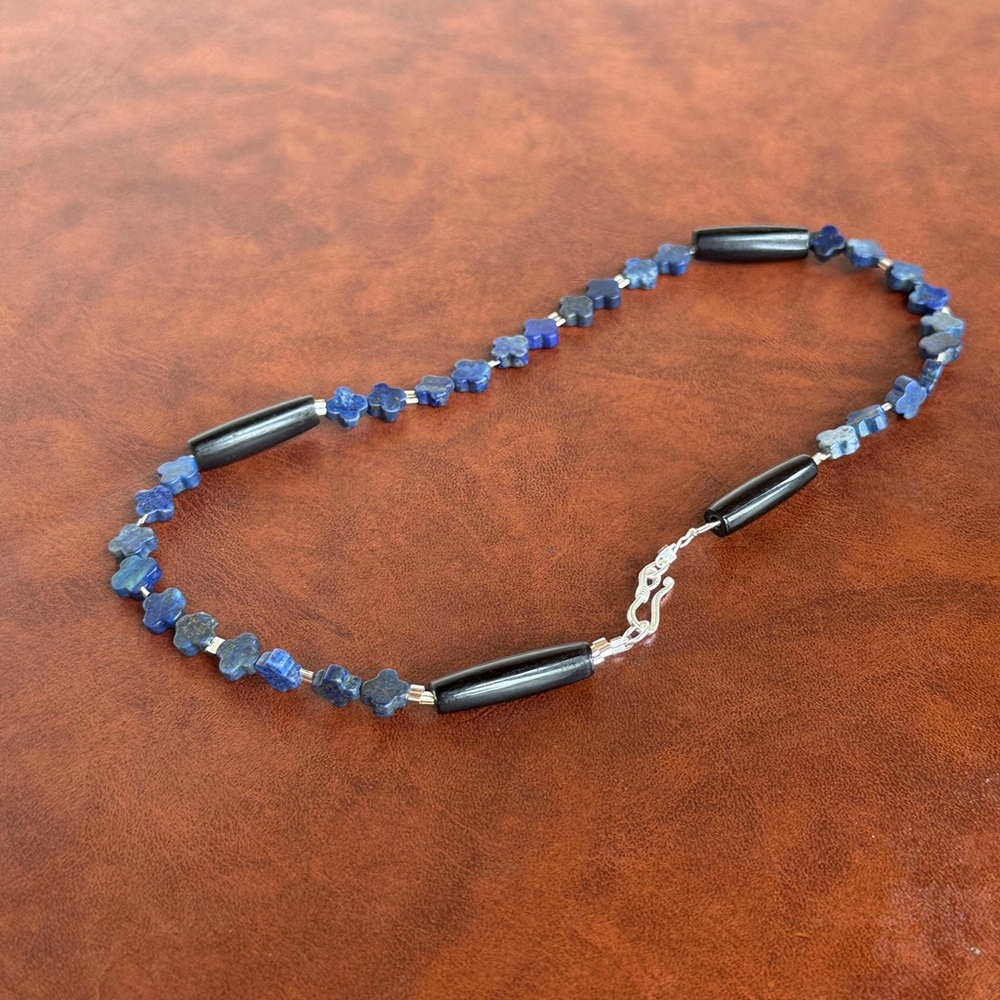 Handmade Lapis Clover Necklace | 16 inch necklace with sterling silver clasp